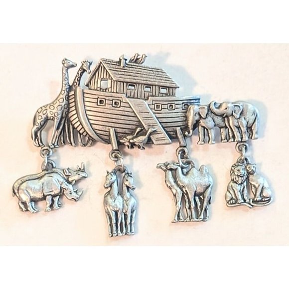 JJ Jewelry - Vintage Noah's Ark Bible Christianity Brooch Pin Silver Tone Metal Signed JJ